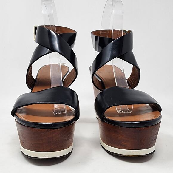 Givenchy Platform Wood Wedge Sandals Women 38/8 Black Strappy Leather Buckle - Picture 4 of 9